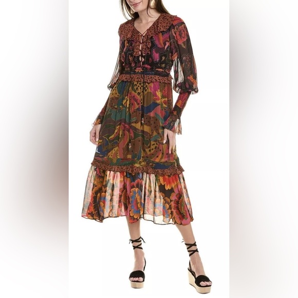 FARM Rio Dresses & Skirts - FARM RIO MIXED LEOPARDS JUNGLE LACE UP ROMANTIC MIDI DRESS